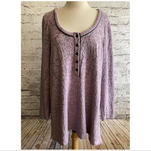 Soft Surroundings Lavender Brocade Black Velvet Trim Buttons Tunic Top